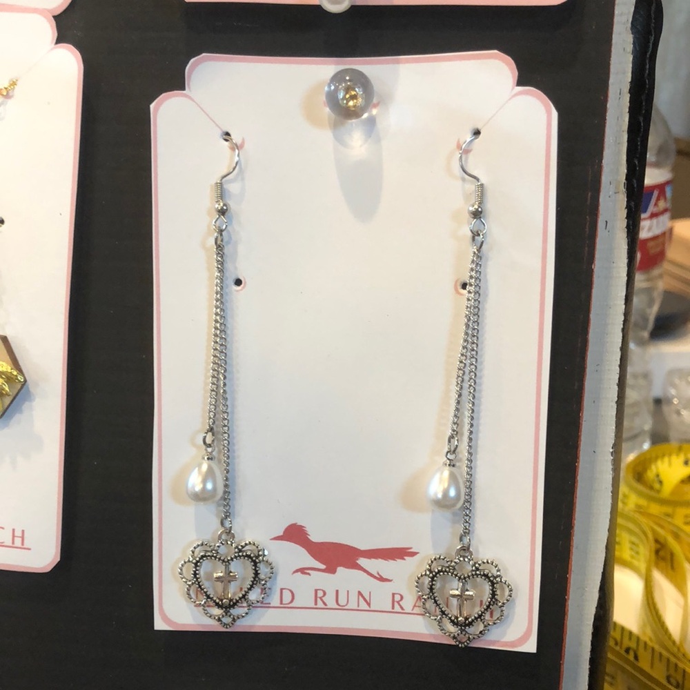 Handmade Silver Heart Cross & pearls Dangle Earrings